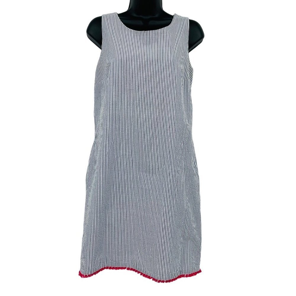 Heyton Seersucker‎ Shift Dress Womens 2 Blue White Stripe Fringe Pocket Coastal